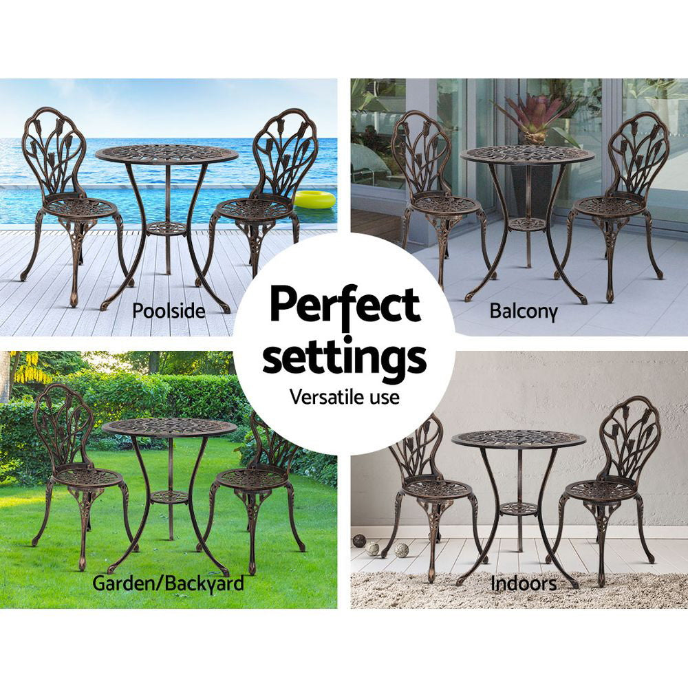 A bronze Gardeon bistro set including two chairs and a round table, made of cast aluminum with tulip designs. The image is split into four showcasing four different settings for versatility use - it is set at a poolside, on a balcony, in a garden/backyard and indoors.
