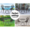 A bronze Gardeon bistro set including two chairs and a round table, made of cast aluminum with tulip designs. The image is split into four showcasing four different settings for versatility use - it is set at a poolside, on a balcony, in a garden/backyard and indoors.