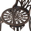 Close-up view of the bronze Gardeon seat part of the chair with intricate cut-out tulip flower patterns, on a white background.