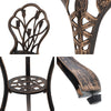 Four-way split images with close-up views of the bronze Gardeon back part of the chair, top of leg, foot of leg and middle of table with intricate cut-out tulip flower patterns, all on a white background.