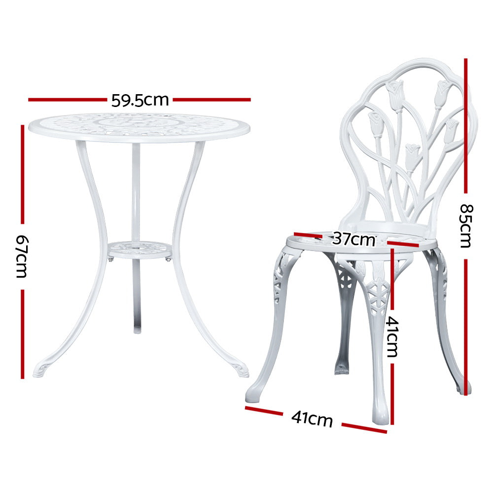 A white Gardeon chair and matching round table with intricate tulip designs, showing its dimensions and set against a white background.