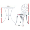 A white Gardeon chair and matching round table with intricate tulip designs, showing its dimensions and set against a white background.