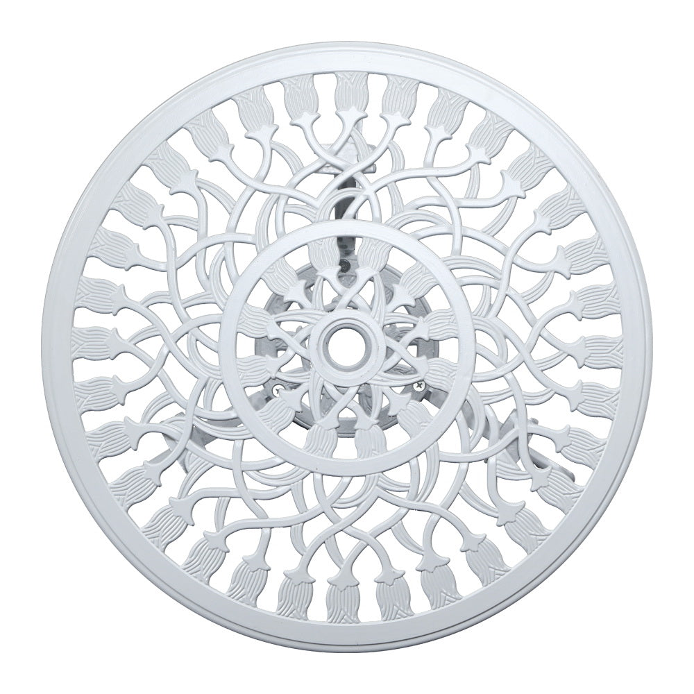 Close-up view of the white Gardeon round tabletop with intricate cut-out tulip flower patterns, and parasol hole in the middle on a white background setting.