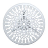 Close-up view of the white Gardeon round tabletop with intricate cut-out tulip flower patterns, and parasol hole in the middle on a white background setting.