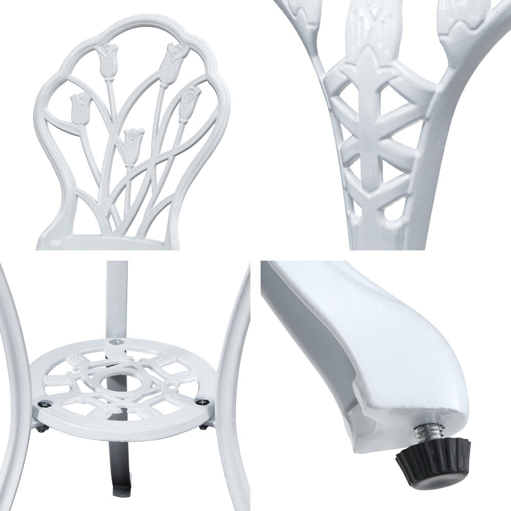 Four-way split images with close-up views of the white Gardeon back part of the chair, top of leg, foot of leg and middle of table with intricate cut-out tulip flower patterns, all on a white background.