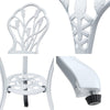 Four-way split images with close-up views of the white Gardeon back part of the chair, top of leg, foot of leg and middle of table with intricate cut-out tulip flower patterns, all on a white background.