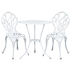 A white Gardeon 3-piece outdoor bistro set, including a round table and two chairs with a tulip floral pattern on the frame, made of cast aluminum, and set on a white background.