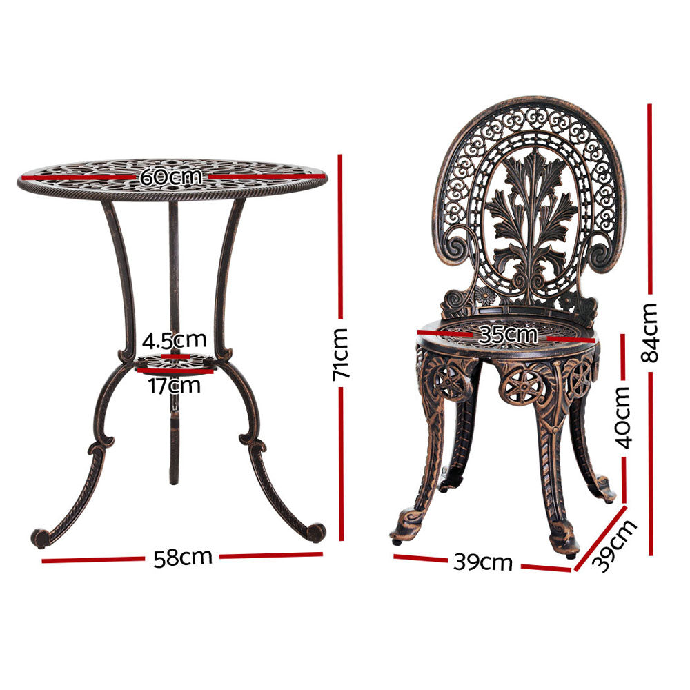A bronze Gardeon chair and matching round table with intricate designs, showing its dimensions and set against a white background.