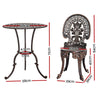 A bronze Gardeon chair and matching round table with intricate designs, showing its dimensions and set against a white background.