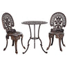 A bronze Gardeon 3-piece patio furniture set including a round table and two chairs with intricate cut-out patterns, on a white background setting.