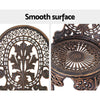 Close-up view of the back of chair and the top of seat of a bronze Gardeon chair with intricate patterns, set against a white background.