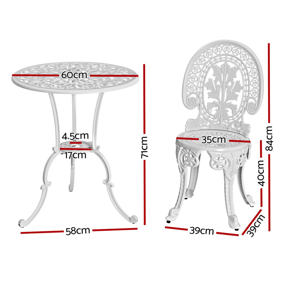A white Gardeon chair and matching round table with intricate designs, showing its dimensions and set against a white background.
