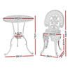A white Gardeon chair and matching round table with intricate designs, showing its dimensions and set against a white background.