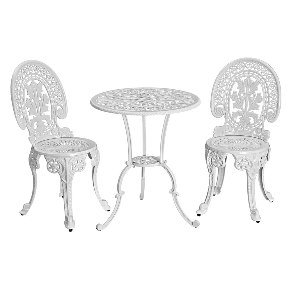 A white Gardeon 3-piece patio furniture set including a round table and two chairs with intricate cut-out patterns, on a white background setting.