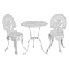 A white Gardeon 3-piece patio furniture set including a round table and two chairs with intricate cut-out patterns, on a white background setting.