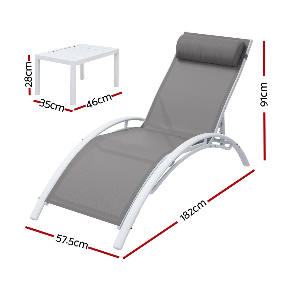 Gray lounge chair with white frame and dimensions marked on a white background