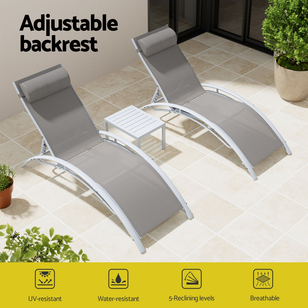 Two adjustable lounge chairs with an ottoman on a patio, featuring text and icons about product features.
