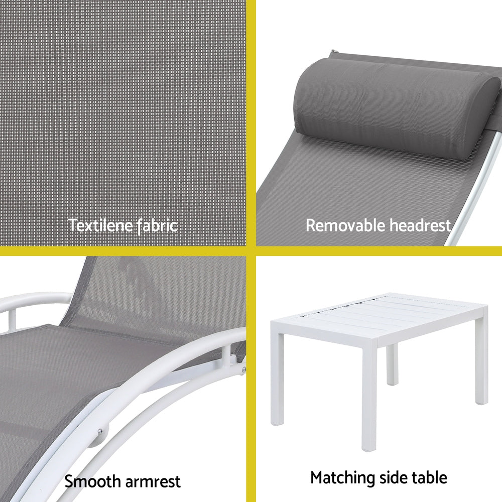 Chaise lounge with textilene fabric, removable headrest, smooth armrest, and matching side table.