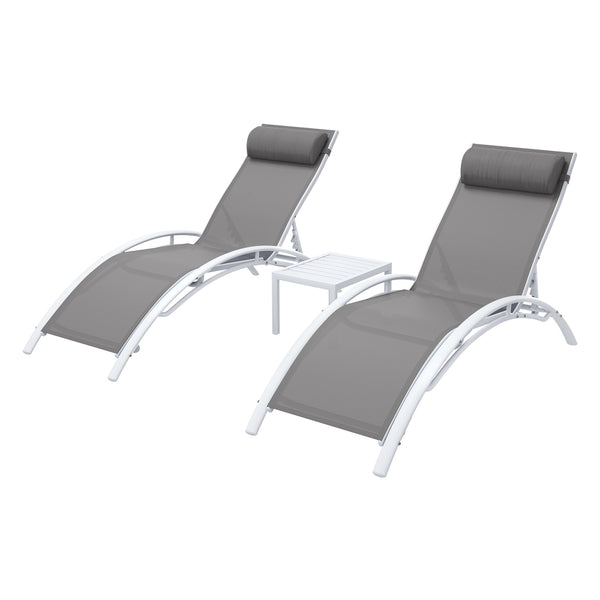 Two gray lounge chairs with white frames on a white background