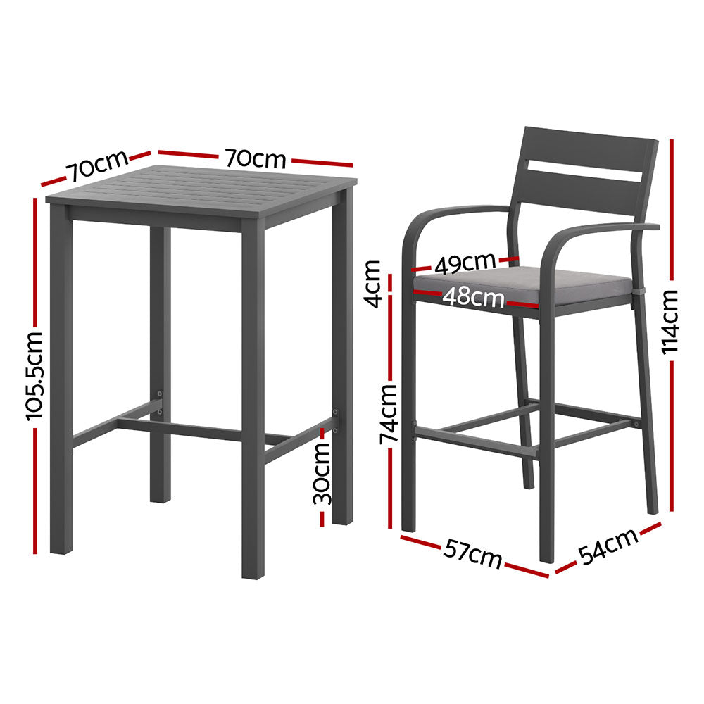 Outdoor furniture set with table and chair, showing dimensions on a white background