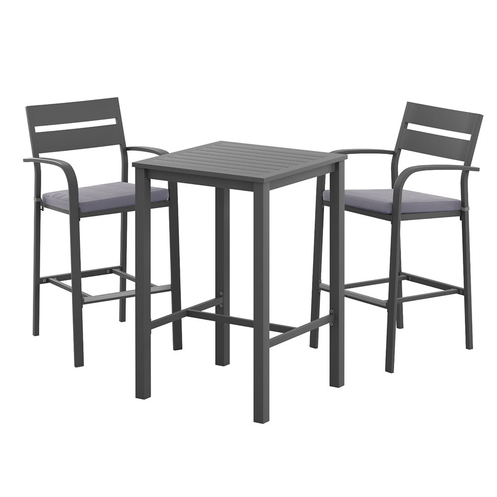 Gray outdoor bar table with two matching chairs on a white background