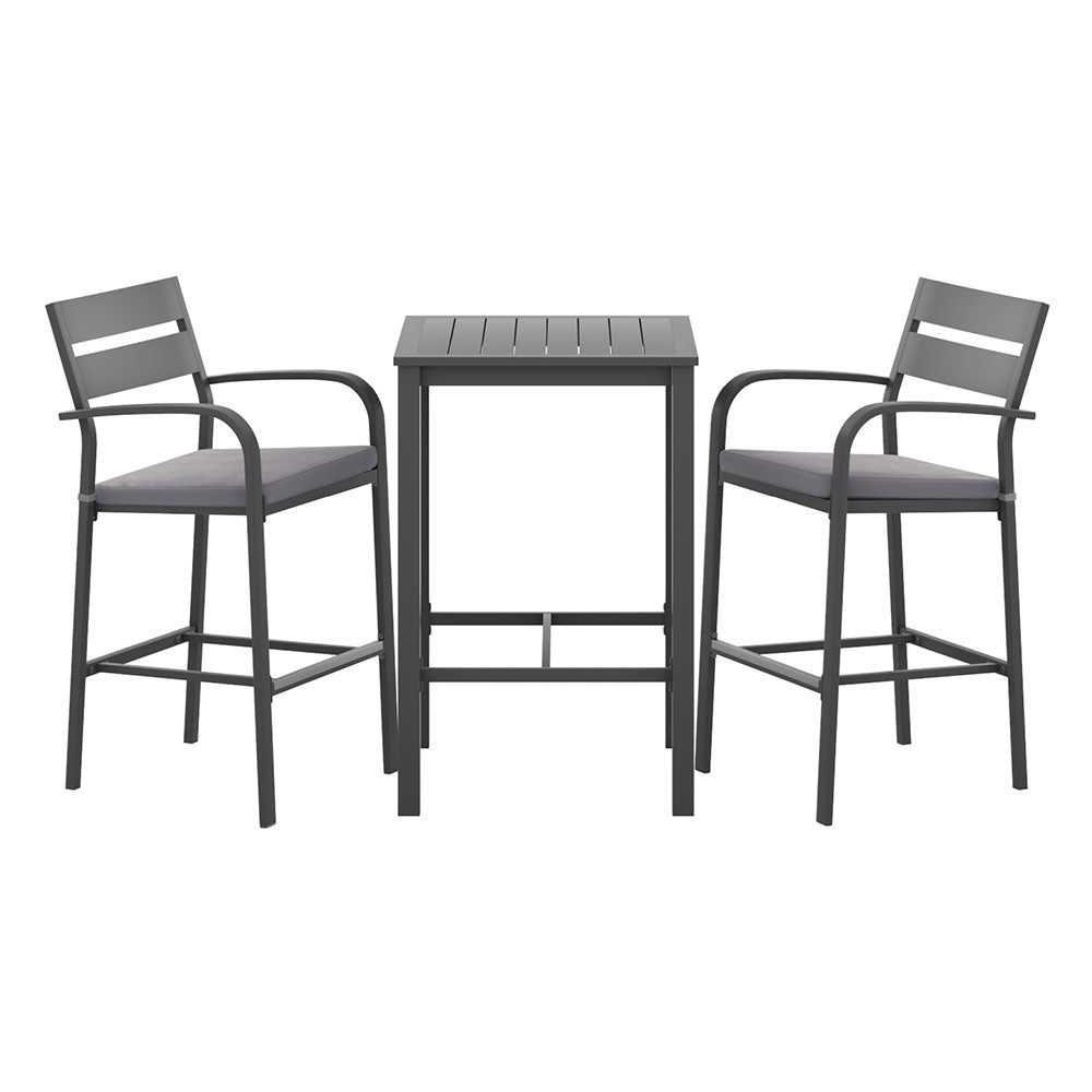 Outdoor furniture set with two bar stools and a table on a white background