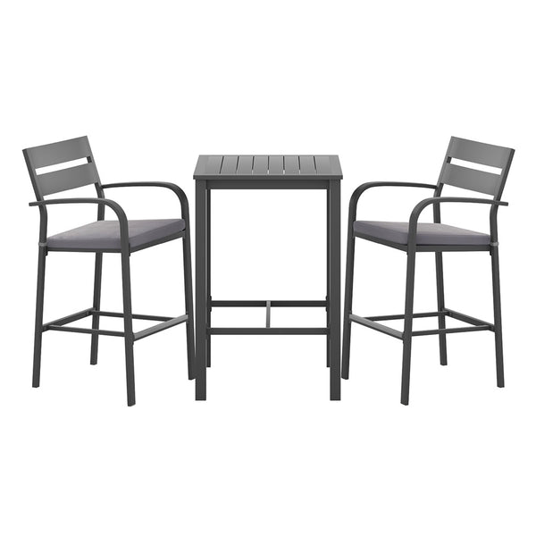 Outdoor furniture set with two bar stools and a table on a white background