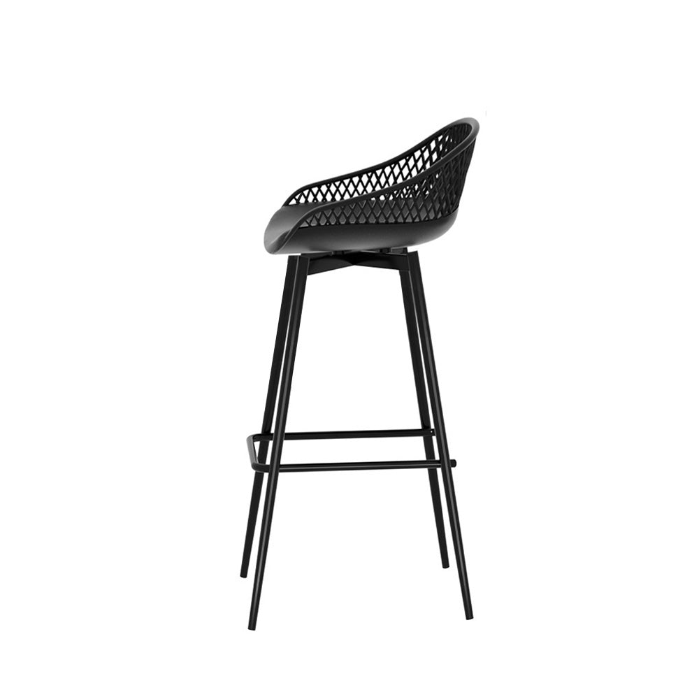 Side view of a black Gardeon outdoor bar stool with plastic seat and metal frame and set on a white background.