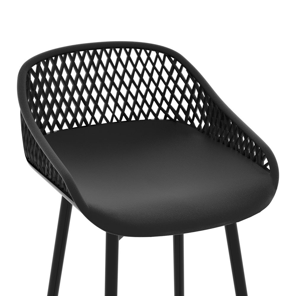 Close up image of the seat of a black Gardeon outdoor bar stool with plastic seat, showing its diamond pattern and set on a white background.