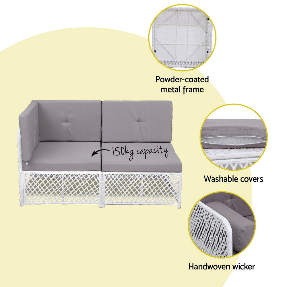 Outdoor furniture set with powder-coated metal frame, washable covers, and handwoven wicker on a yellow background.