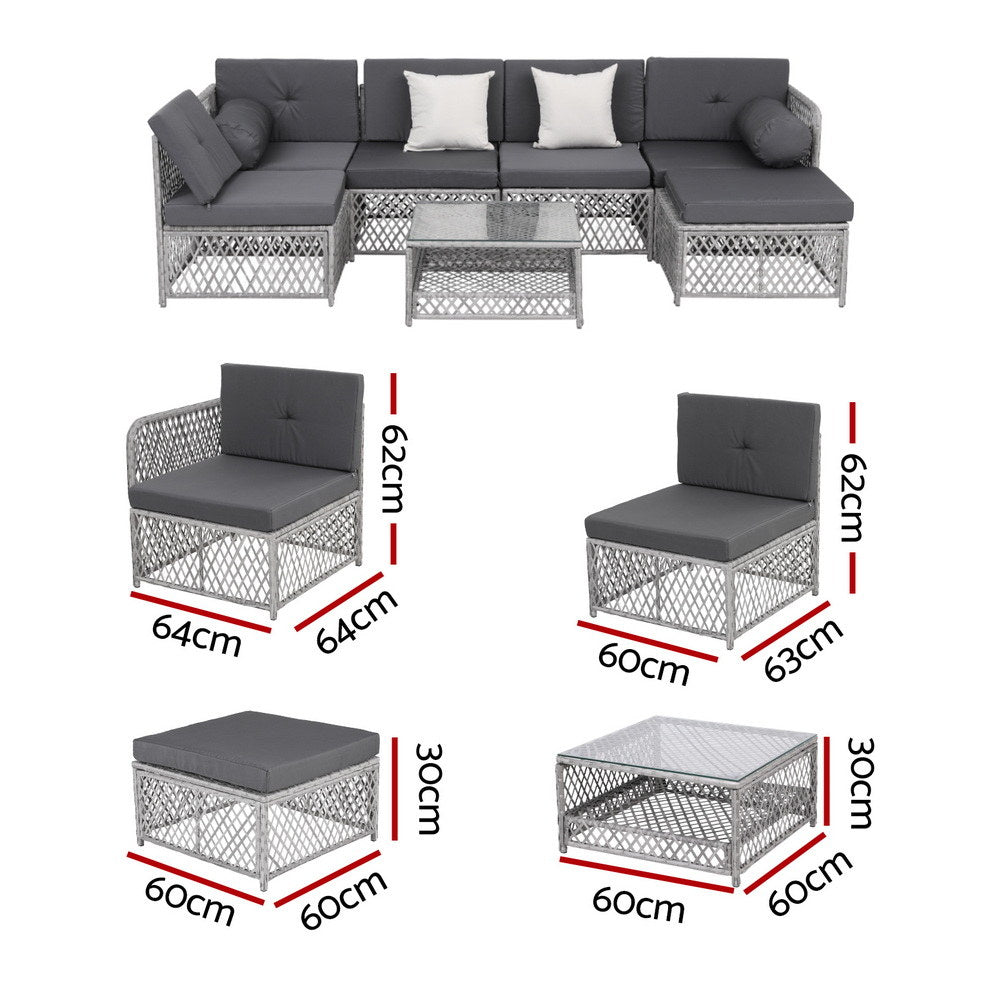 Outdoor furniture set with dimensions labeled on a white background