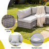 Outdoor sofa set with cushions and blanket on grass, featuring handwoven wicker, pillow included, washable covers, and capacity details.