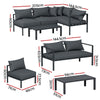 A Gardeon 4-seater Outdoor Aluminium Sofa Set individually placed on a white background. There are images of the complete set, a two-seater sofa, two single sofas and a wide coffee table showing all their measurements.