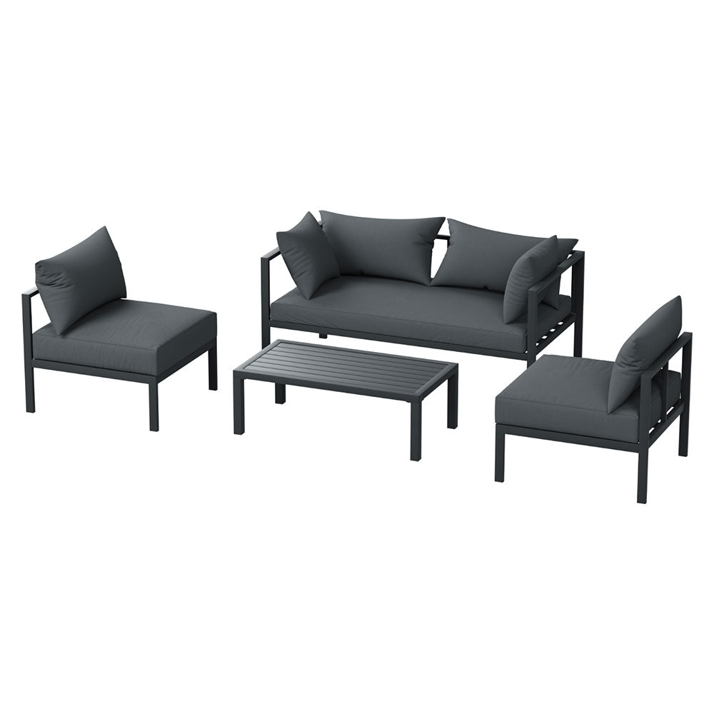 A Gardeon 4-seater Outdoor Aluminium Sofa Set. Featuring a two-seater sofa, two single sofas and a wide coffee table in charcoal black colour, the seats are separated and set on a white background.