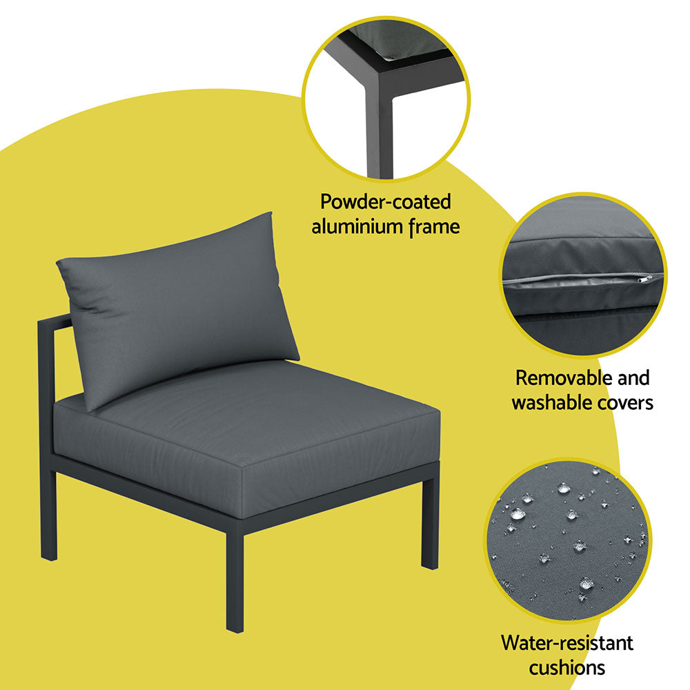 A Gardeon single sofa in charcoal black colour, showcasing close-up inset images of its frame, removable covers, and its water-resistant covers and set on a white background.