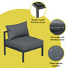 A Gardeon single sofa in charcoal black colour, showcasing close-up inset images of its frame, removable covers, and its water-resistant covers and set on a white background.