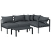 A Gardeon 4-seater Outdoor Aluminium Sofa Set. Featuring a two-seater sofa, two single sofas and a wide coffee table in charcoal black colour, seats are together forming an 'L' shape and set on a white background.