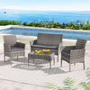 Gardeon 4-Seater Outdoor Wicker Sofa Set featuring a glass top Table with bowl of lemons on it, a two-seater and two single Chairs in Grey. All set on a poolside balcony with plants and an ocean view in the background.