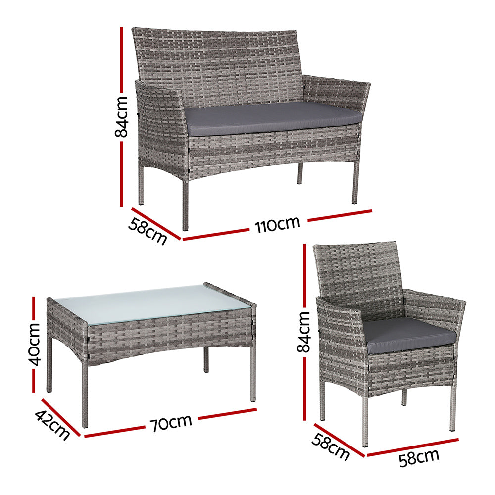 Individual piece of a Gardeon 4-Seater Outdoor Wicker Sofa Set featuring a glass top Table, a two-seater and single Chair in Grey, showing their measurements and on a white background.