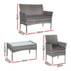 Individual piece of a Gardeon 4-Seater Outdoor Wicker Sofa Set featuring a glass top Table, a two-seater and single Chair in Grey, showing their measurements and on a white background.