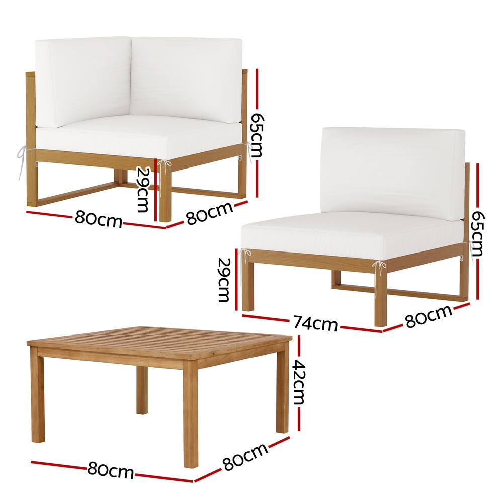 Dimensions of wooden outdoor furniture set with white cushions on a white background