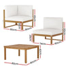 Dimensions of wooden outdoor furniture set with white cushions on a white background