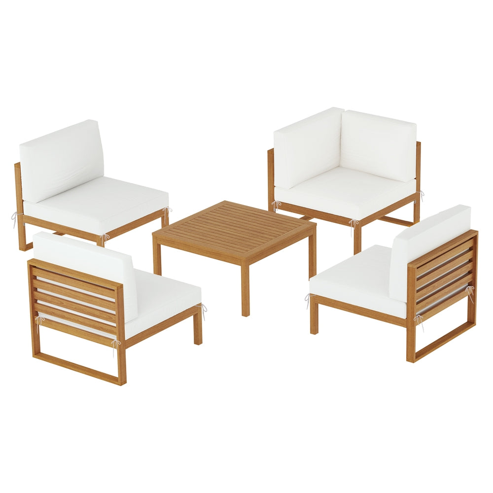 Outdoor furniture set with four wooden chairs and a table on a white background