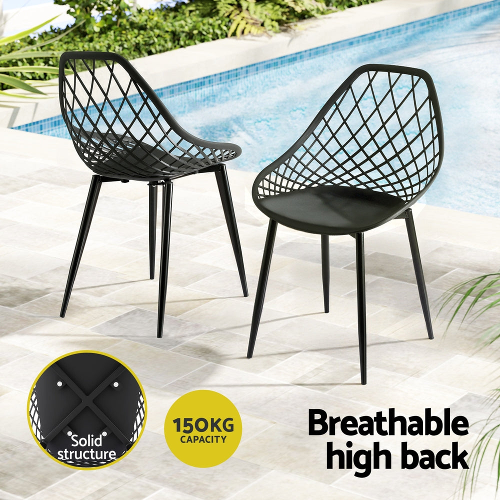 Two black mesh chairs by a pool with text highlighting features.