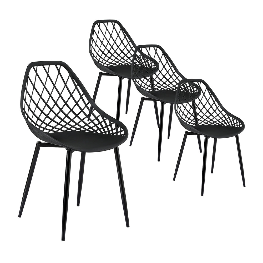 Set of four black wireframe chairs on a white background