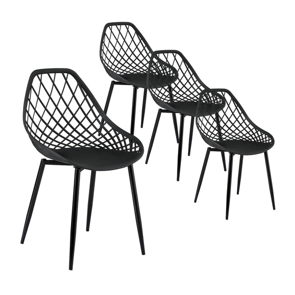 Set of four black wireframe chairs on a white background