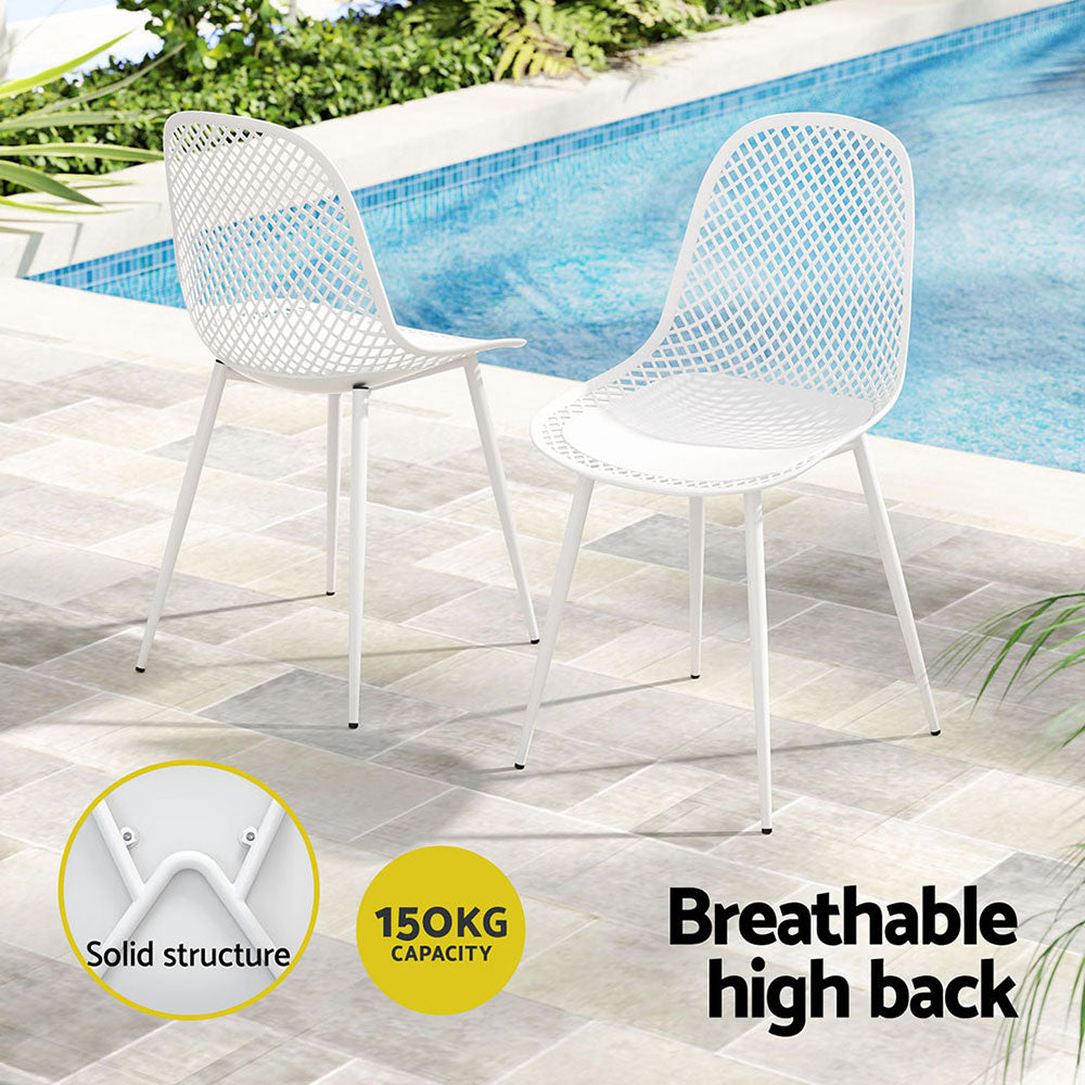 Two Gardeon Outdoor Dining Chairs in White beside a pool set on a tiled surface with plants in the backdrop and inset images showing its solid structure and 150kg weight capacity. 
