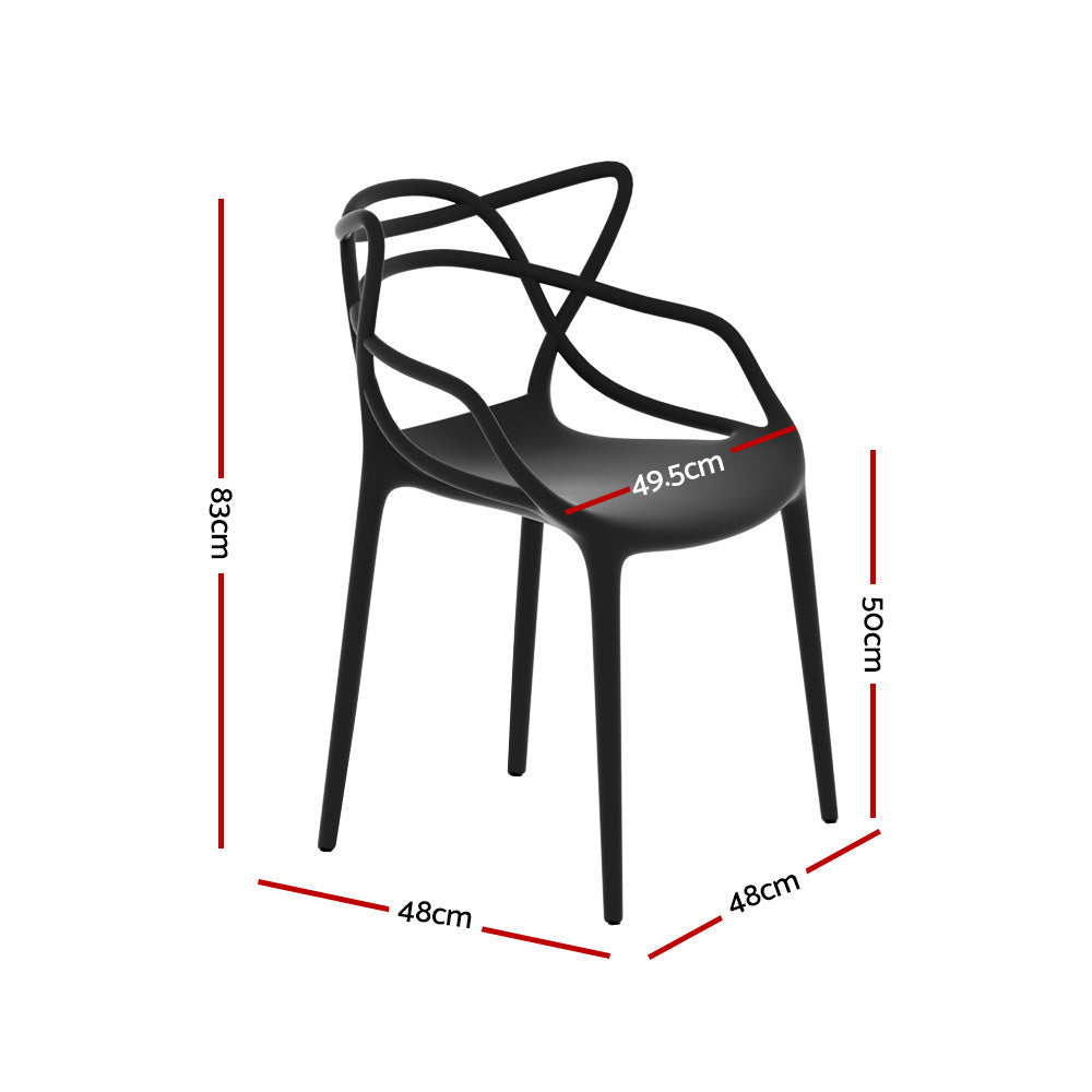 A black, stackable outdoor dining chair with curved design and a smooth finish, showing its measurements and set on a white background.