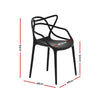 A black, stackable outdoor dining chair with curved design and a smooth finish, showing its measurements and set on a white background.