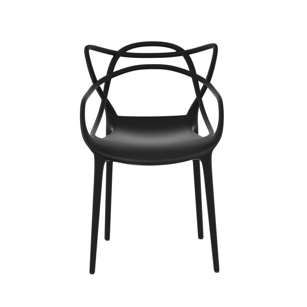 A black, stackable outdoor dining chair with curved design and a smooth finish, facing forwards and set on a white background.